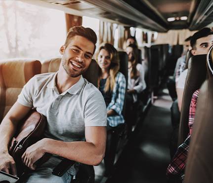 a group of people travelling in a bus